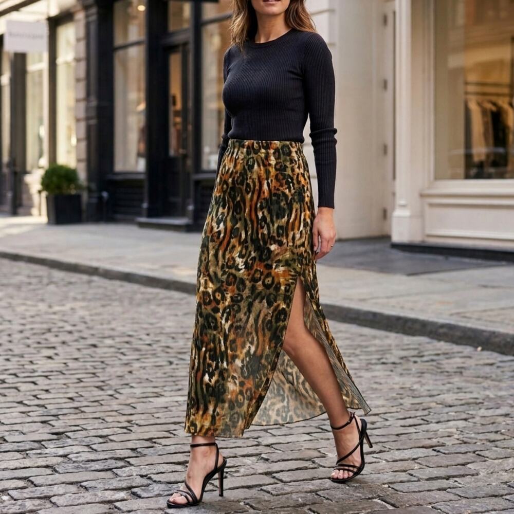 DKNY Y2K 90s Plisse Pleated High Slit Leopard Animal Print Maxi Skirt Small NWT